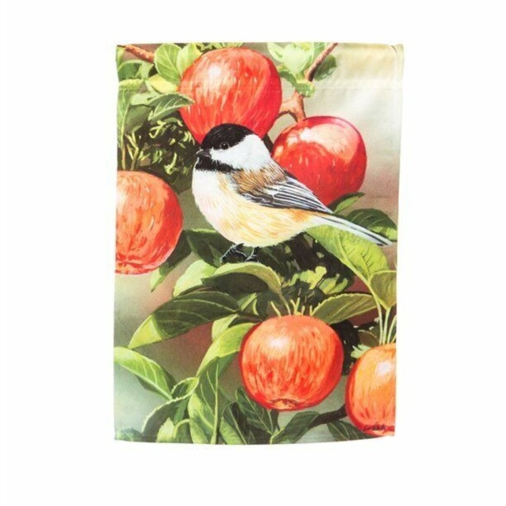 Evergreen Enterprises Chickadee on Apple Satin Reflections Flag 29 x 43 New